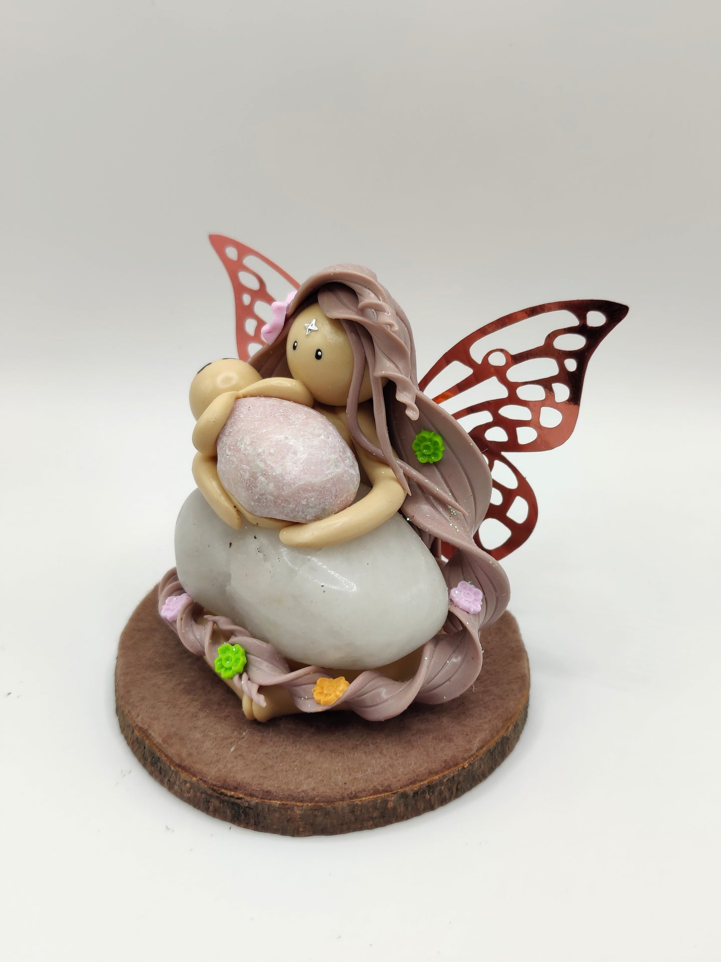 Maman fée et son bébé - Opale rose et quartz rose