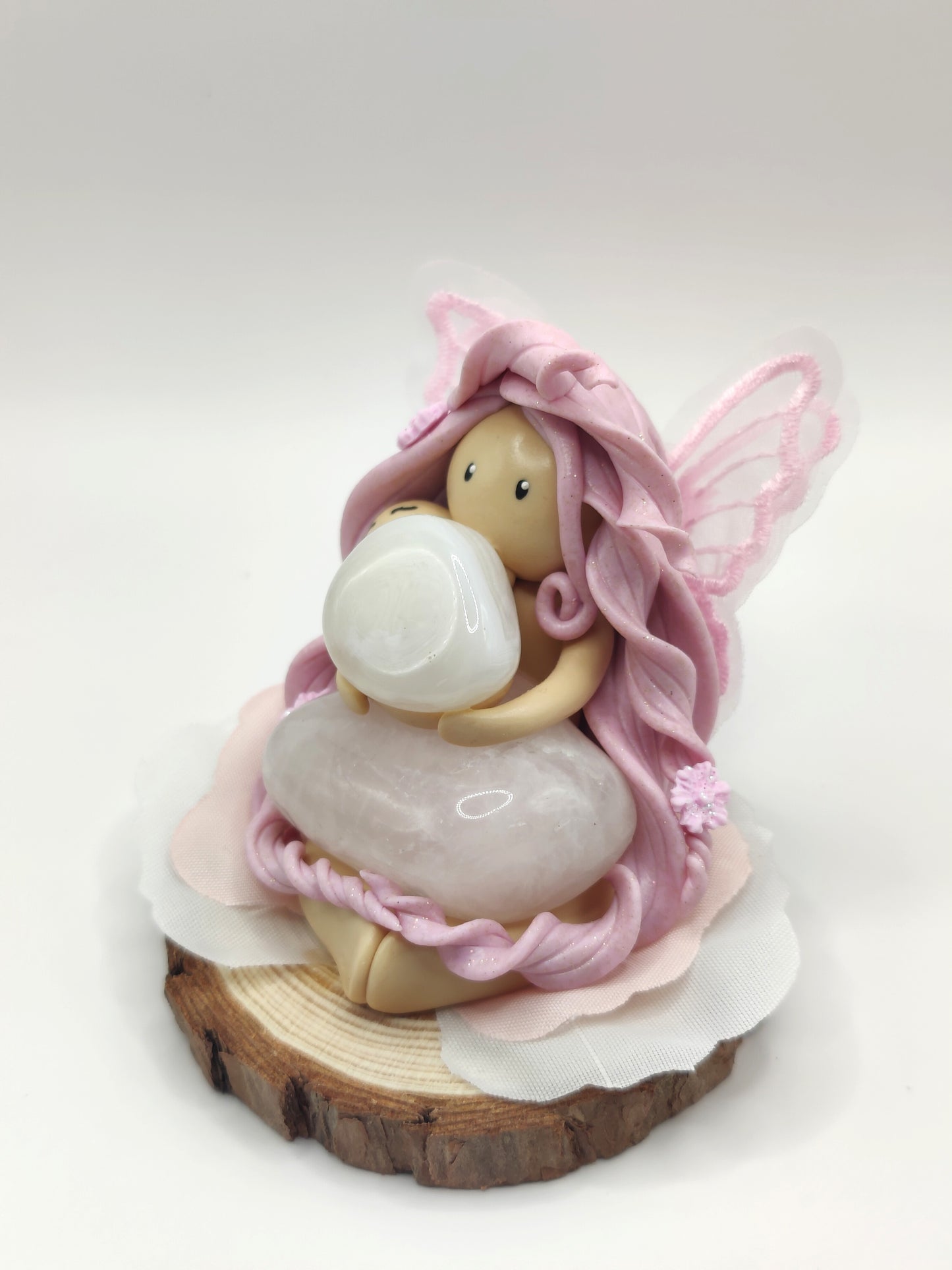 Fée maman et son bébé - Quartz rose / Agate blanche