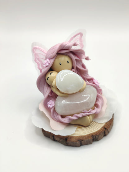 Fée maman et son bébé - Quartz rose / Agate blanche