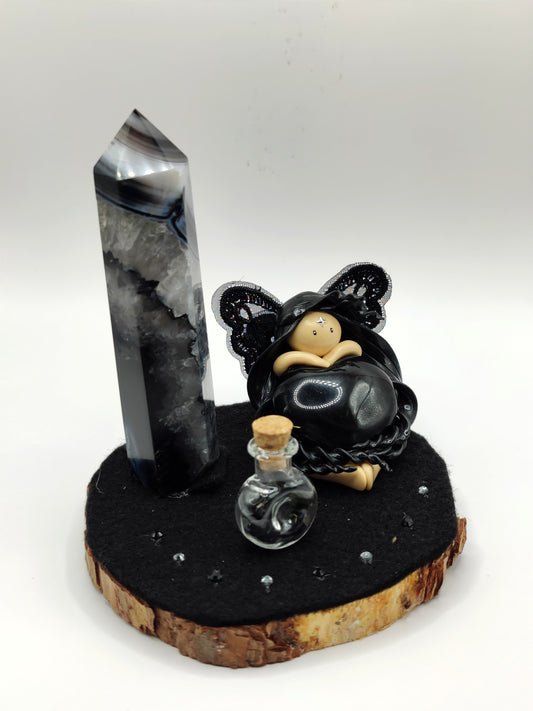 Reine des ombres - Cœur en obsidienne œil céleste - Pointe d'agate noire