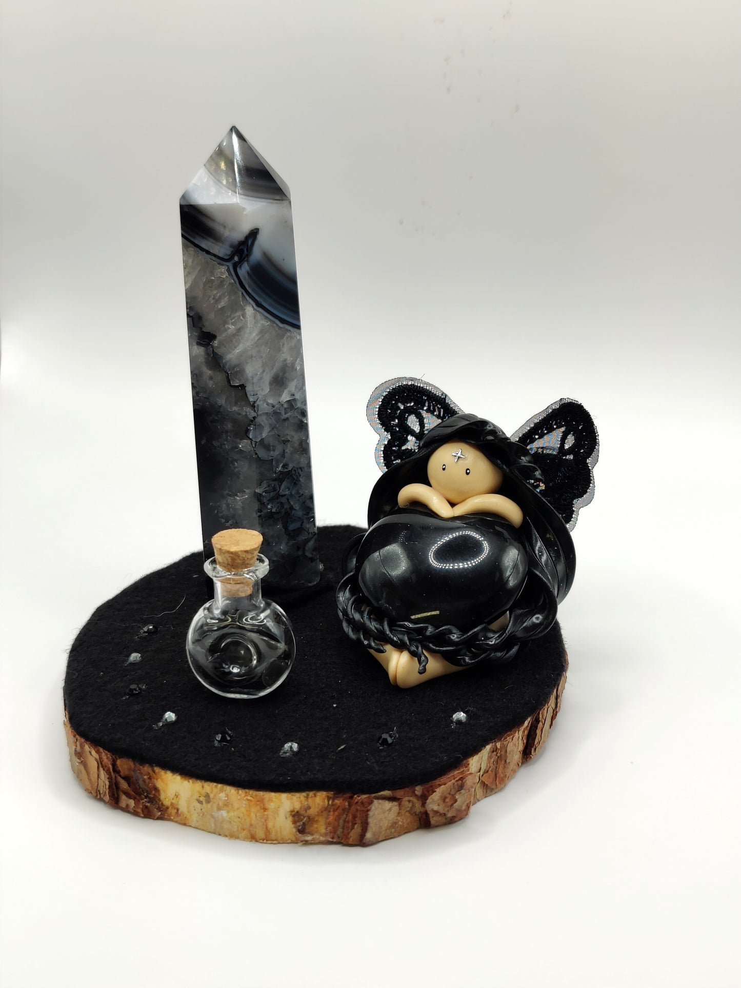 Reine des ombres - Cœur en obsidienne œil céleste - Pointe d'agate noire