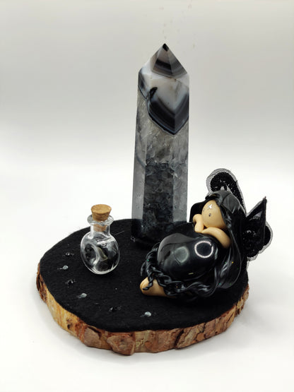 Reine des ombres - Cœur en obsidienne œil céleste - Pointe d'agate noire