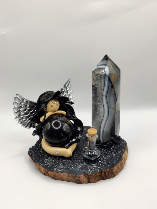 Reine de la lune - Obsidienne noire et pointe en agate noire
