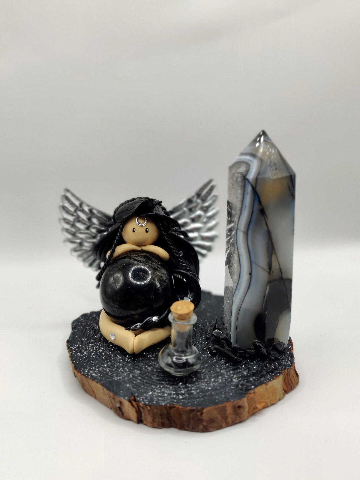 Reine de la lune - Obsidienne noire et pointe en agate noire