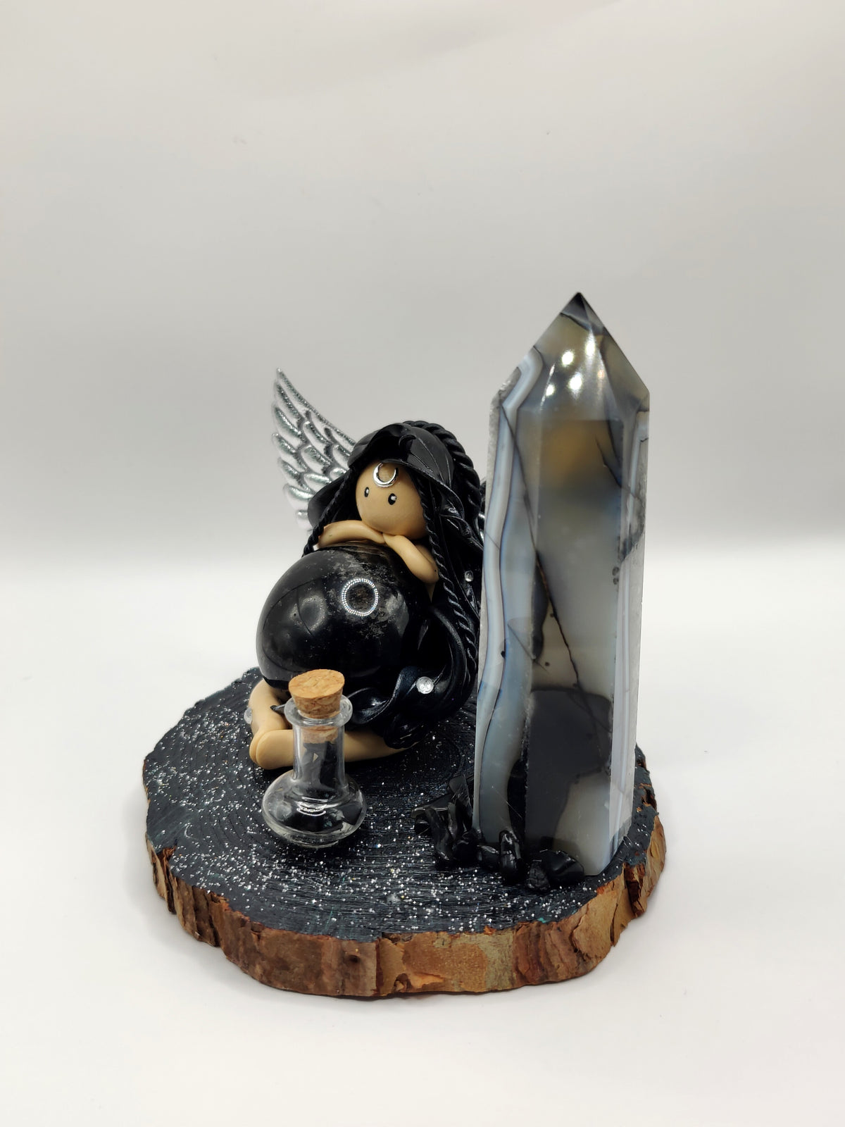 Reine de la lune - Obsidienne noire et pointe en agate noire