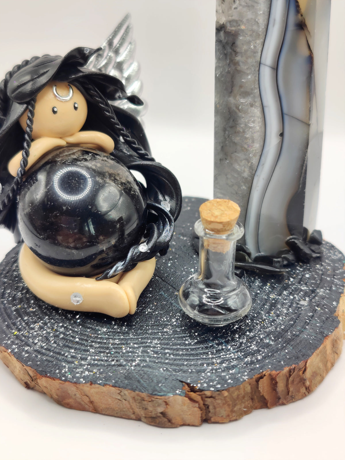 Reine de la lune - Obsidienne noire et pointe en agate noire