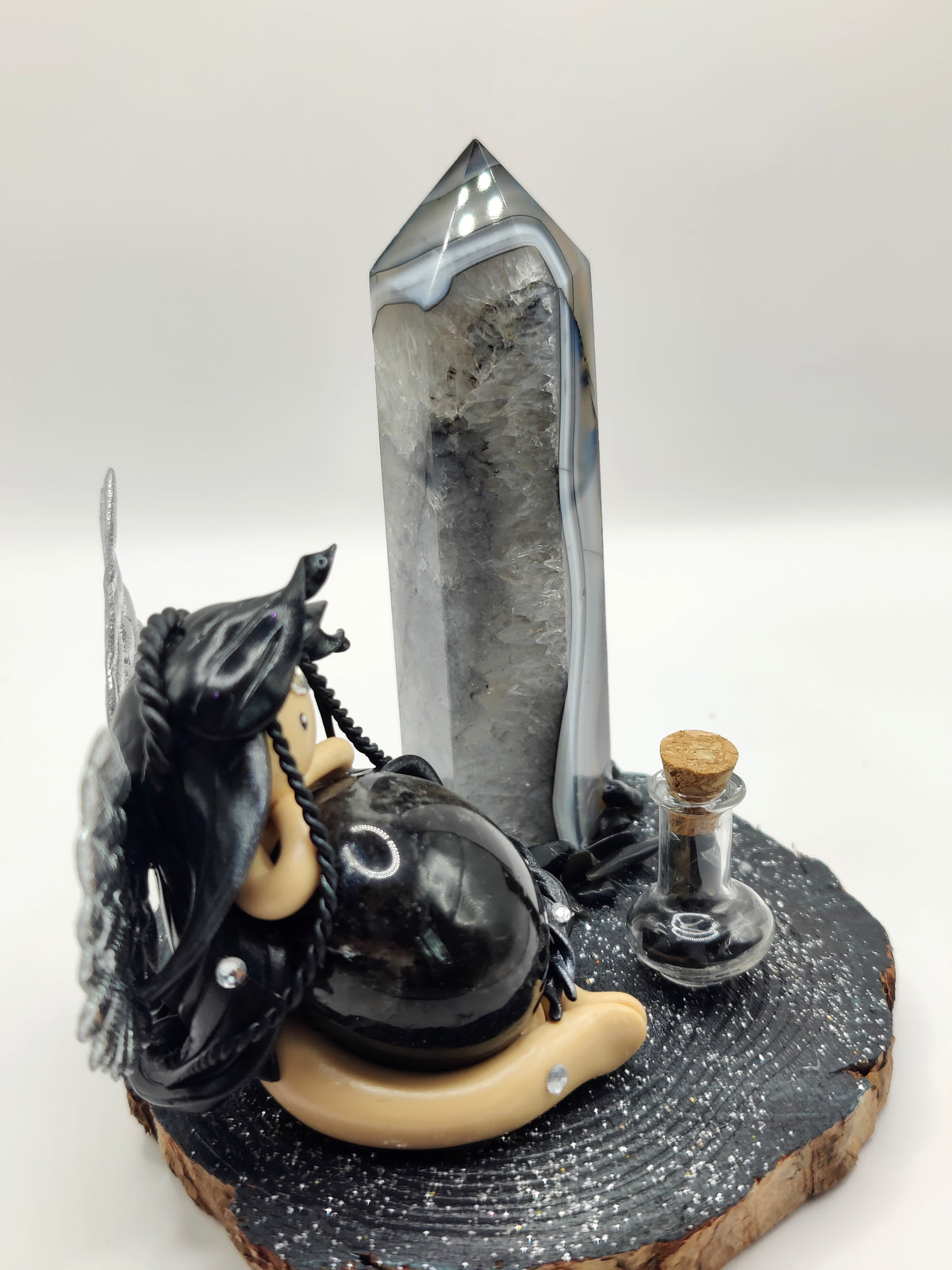 Reine de la lune - Obsidienne noire et pointe en agate noire