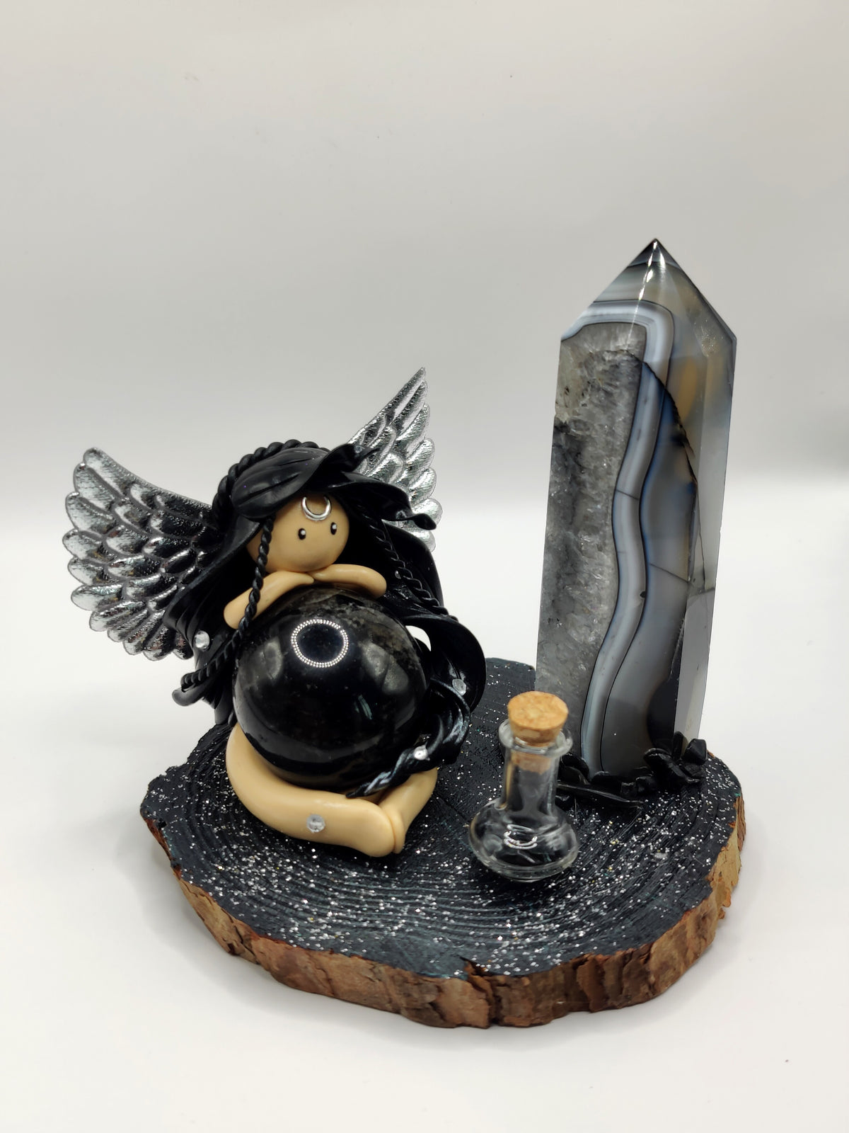Reine de la lune - Obsidienne noire et pointe en agate noire